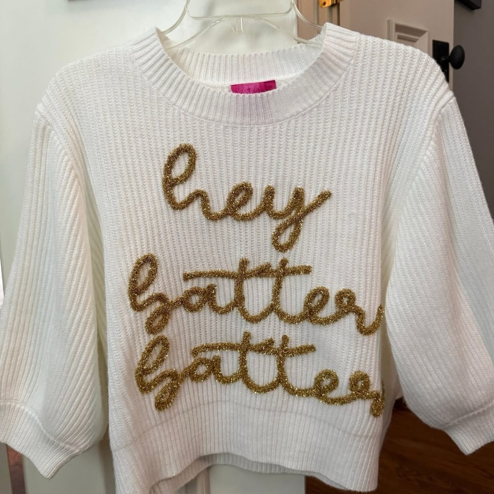 Queen of sparkles White baseball Sweater with Gold Text hey batter batter